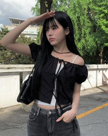 Mihen Ribbon Strap Puff Short Sleeve Blouse